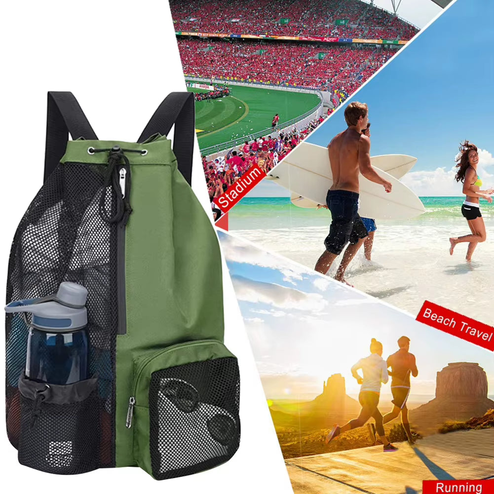 Basketball Bag Drawstring Beach Storage Backpacks with Wet Pockets Thickened Mesh Lightweight Comfortable for Outdoor Sports